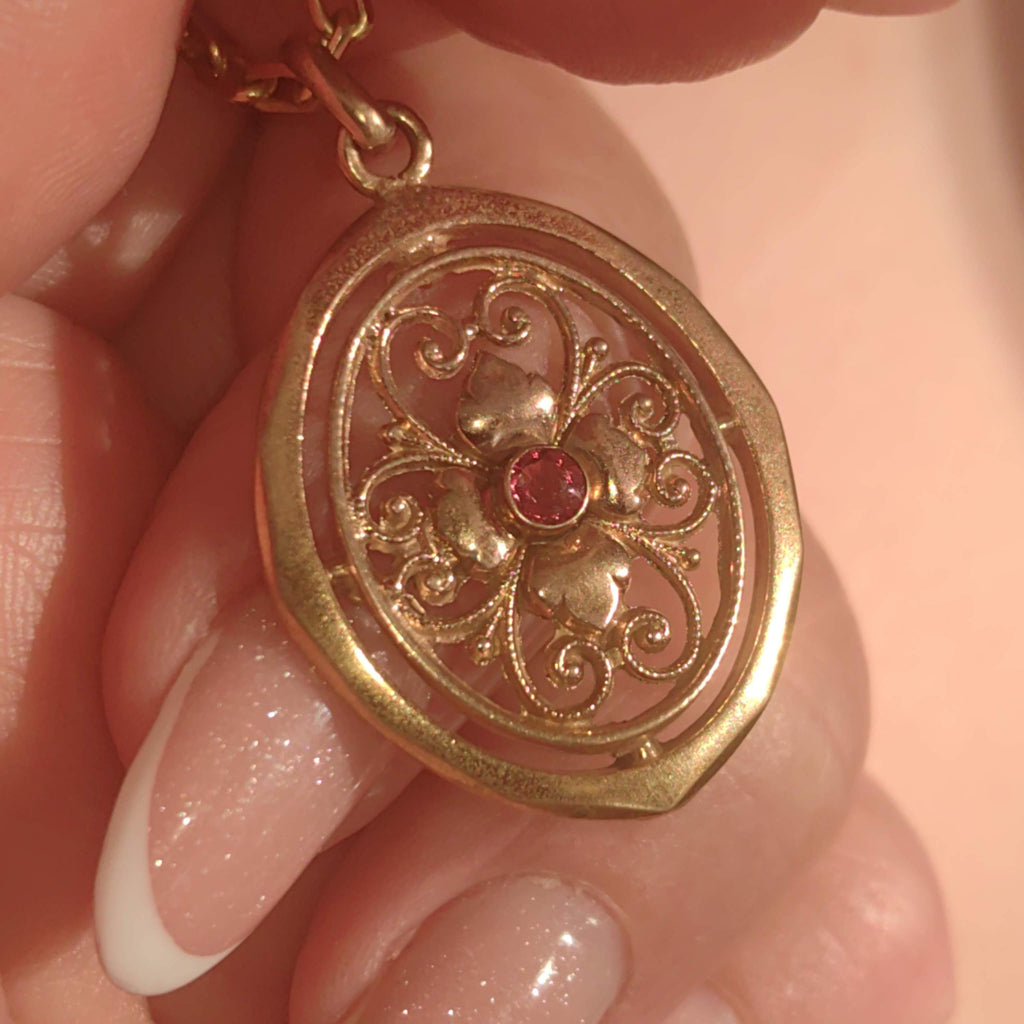 Vintage Gold-Filled Pendant: Art Nouveau Floral Charm with Artificial Ruby
