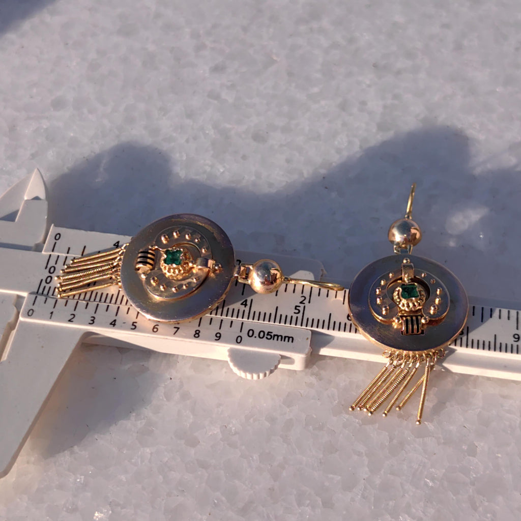 Victorian 18K Gold Emerald Dangle Earrings: Enamel Antique Jewelry