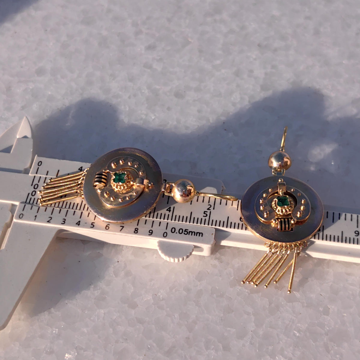Victorian 18K Gold Emerald Dangle Earrings: Enamel Antique Jewelry