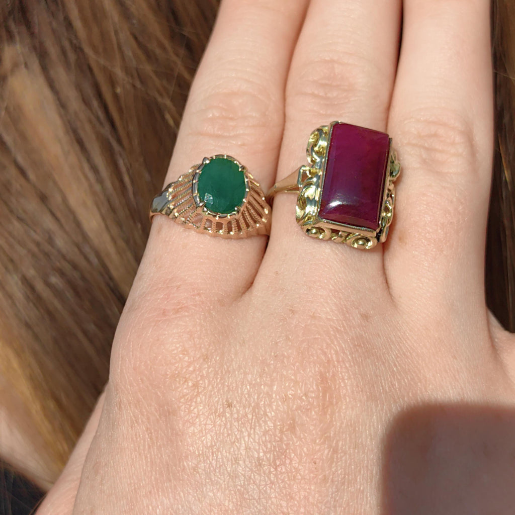 Vintage Art Deco Natural Opaque Red Ruby Elegant Rectangle Emerald Cut Ring 14k Solid Yellow Gold Geometric Statement Ring Gift Present
