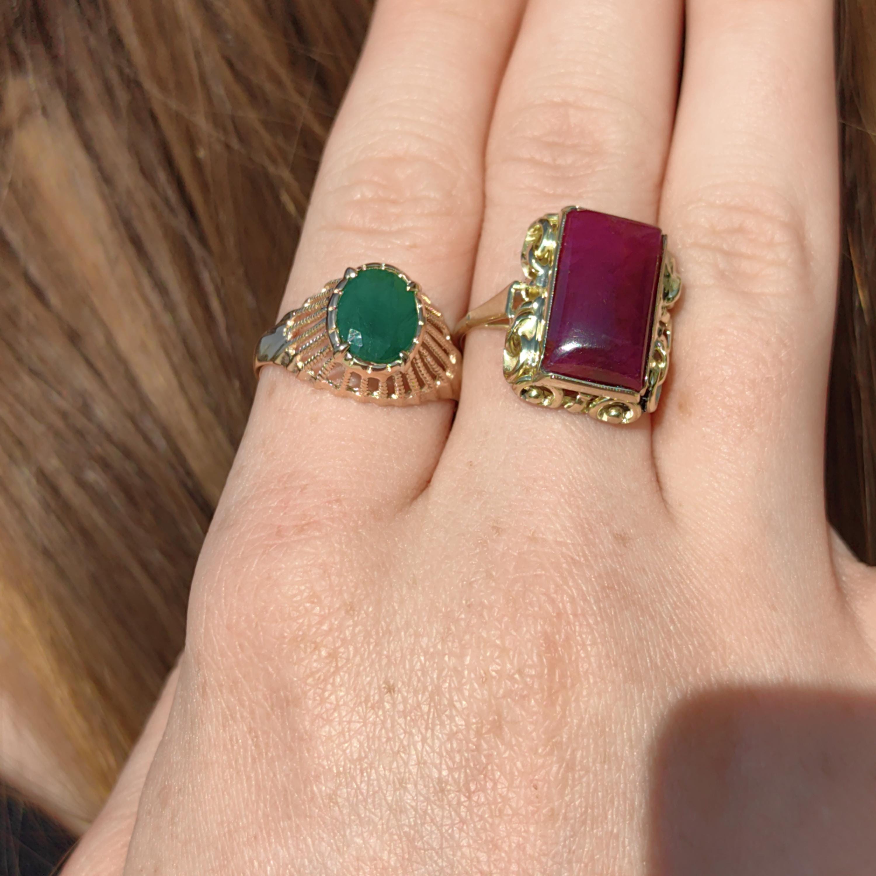 Vintage Art Deco Natural Opaque Red Ruby Elegant Rectangle Emerald Cut Ring 14k Solid Yellow Gold Geometric Statement Ring Gift Present