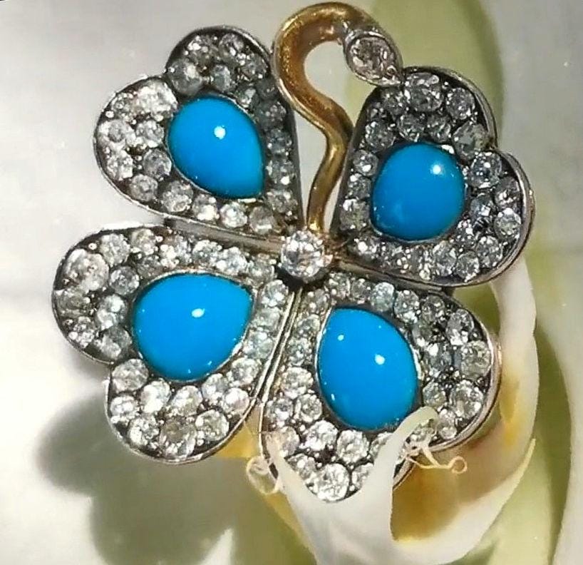 Art Nouveau 18K Gold Turquoise Diamond Pendant Necklace, Antique 1900s Four Leaf Floral Charm, Old European Cut Jewelry