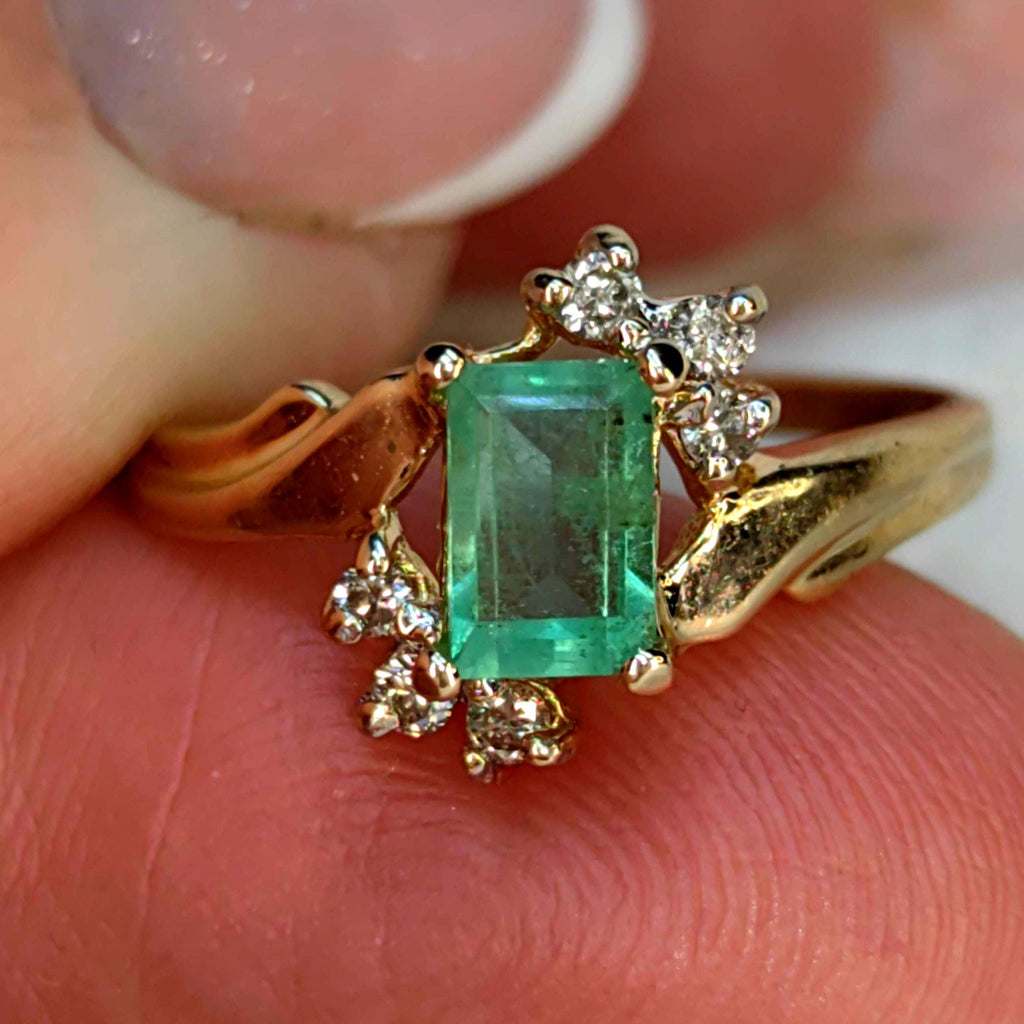 Vintage Square Green Natural Emerald Diamond 14k Solid Yellow Gold Antique Engagement Ring Dainty Stackable Band Gift for Her