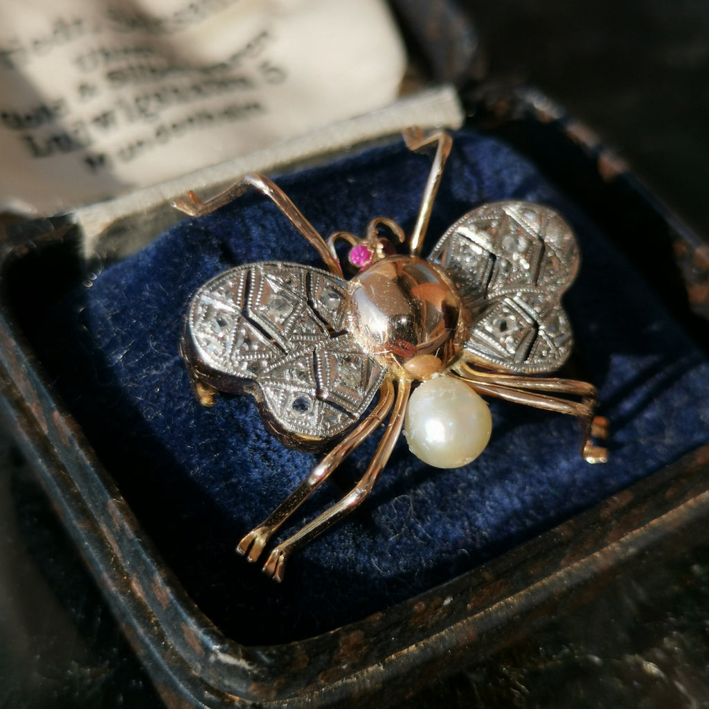 Vintage Diamond Ruby Pearl Solid Yellow 18k Gold Vintage Butterfly Insect Elegant Brooch 1970s