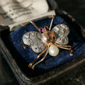 Vintage Diamond Ruby Pearl Solid Yellow 18k Gold Vintage Butterfly Insect Elegant Brooch 1970s
