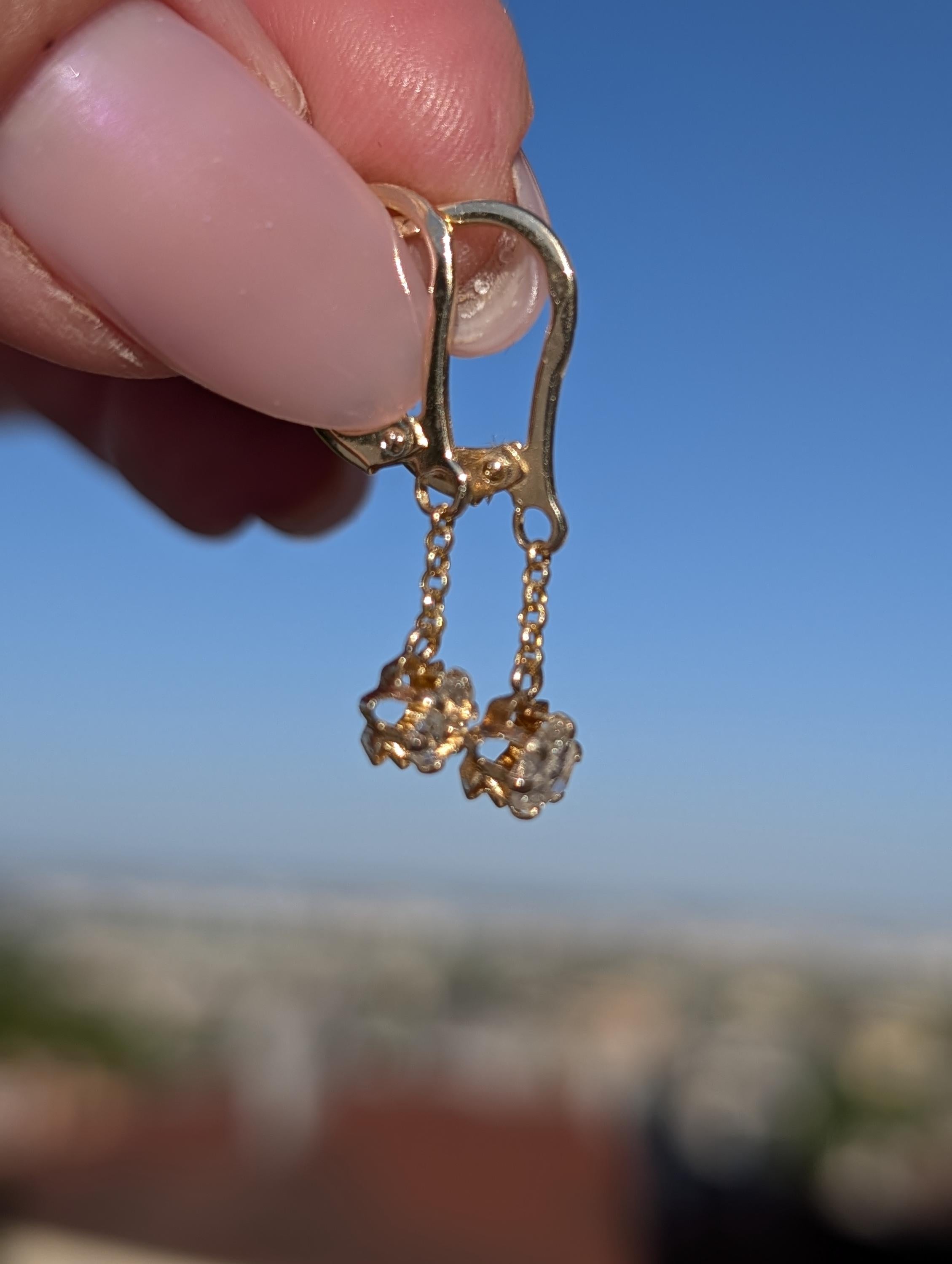 1950s Holland Rose Cut Diamond Dangle Earrings 14k 585 Yellow Gold, Vintage Lever Back Drop Statement Gift for Her