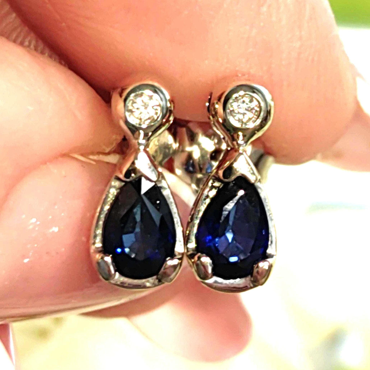 Sapphire and Diamond Hallmarked 18k Solid White Gold Earrings Antique Vintage Blue White Stud Earrings, Gift for Her Anniversary Earrings