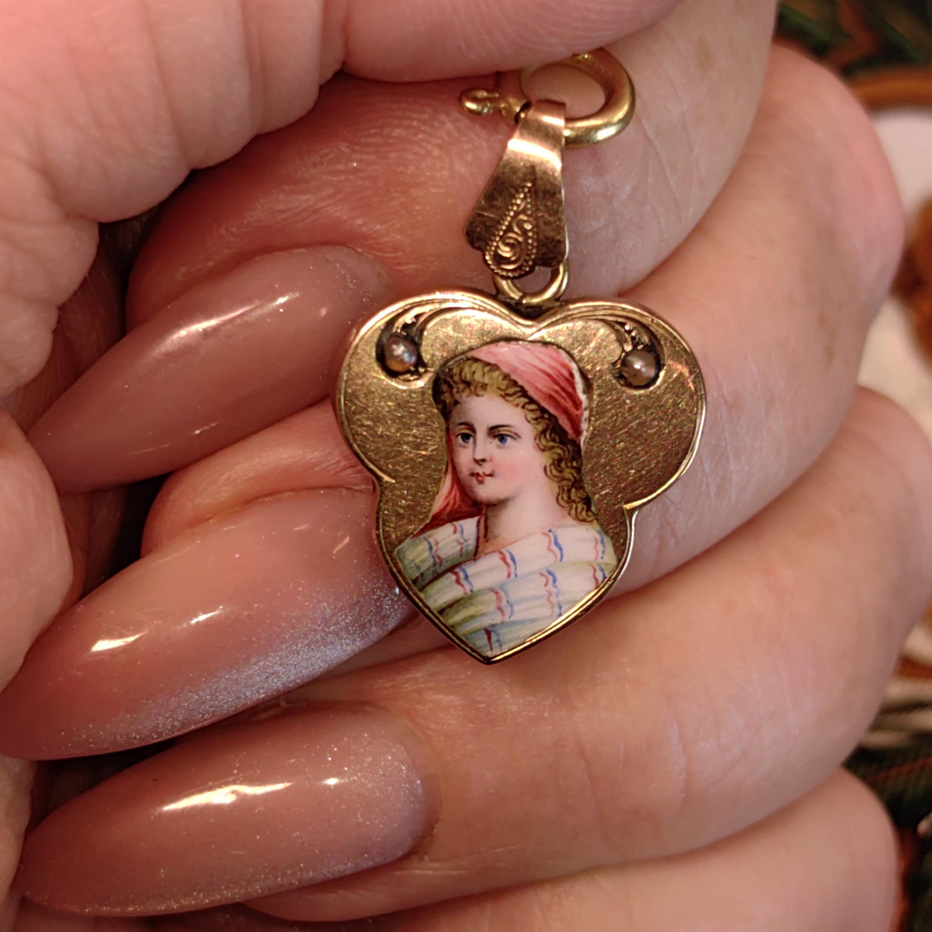 Art Nouveau 1900s  Pearl and 14k Solid Yellow Rose Champagne Gold Hand Painted Fire Enamel Women Portrait Miniature Pendant Gift for Her