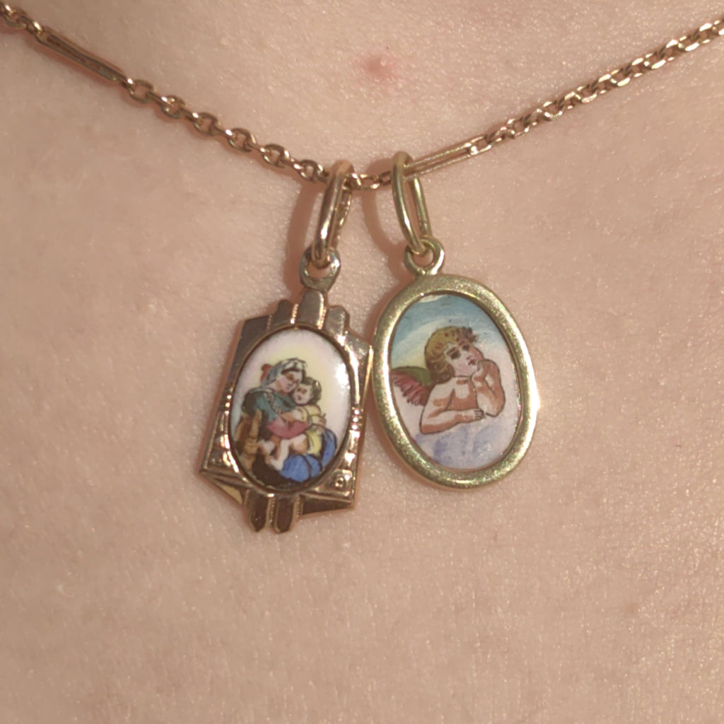 14k Gold Virgin Mary Pendant: Antique Art Nouveau Enamel