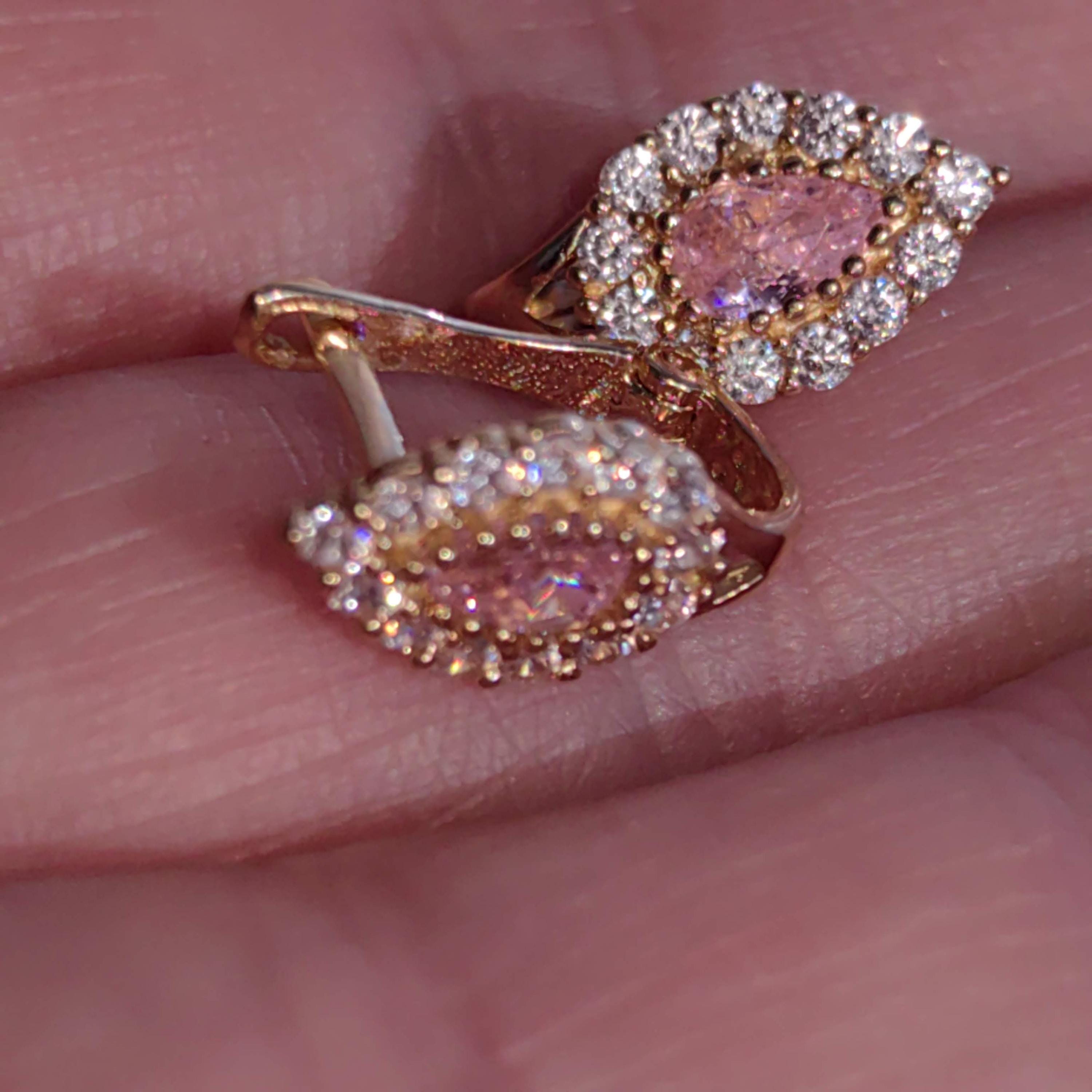 Vintage Solid Yellow Gold cubic zirconia Pink Stone Drop Floral cluster omega closure Earrings Gift for Her