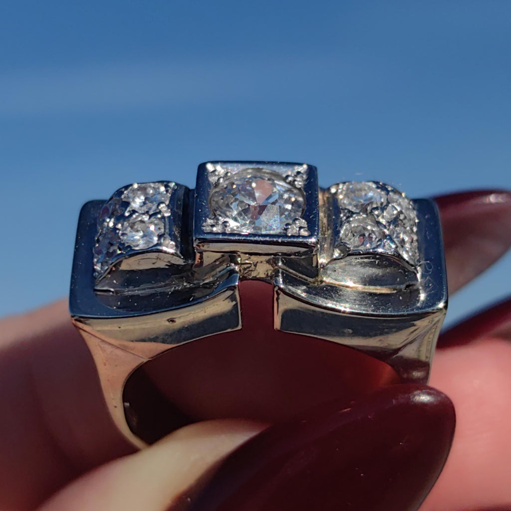 Art Deco 18k White Gold Diamond Ring, Antique Chevalier Style