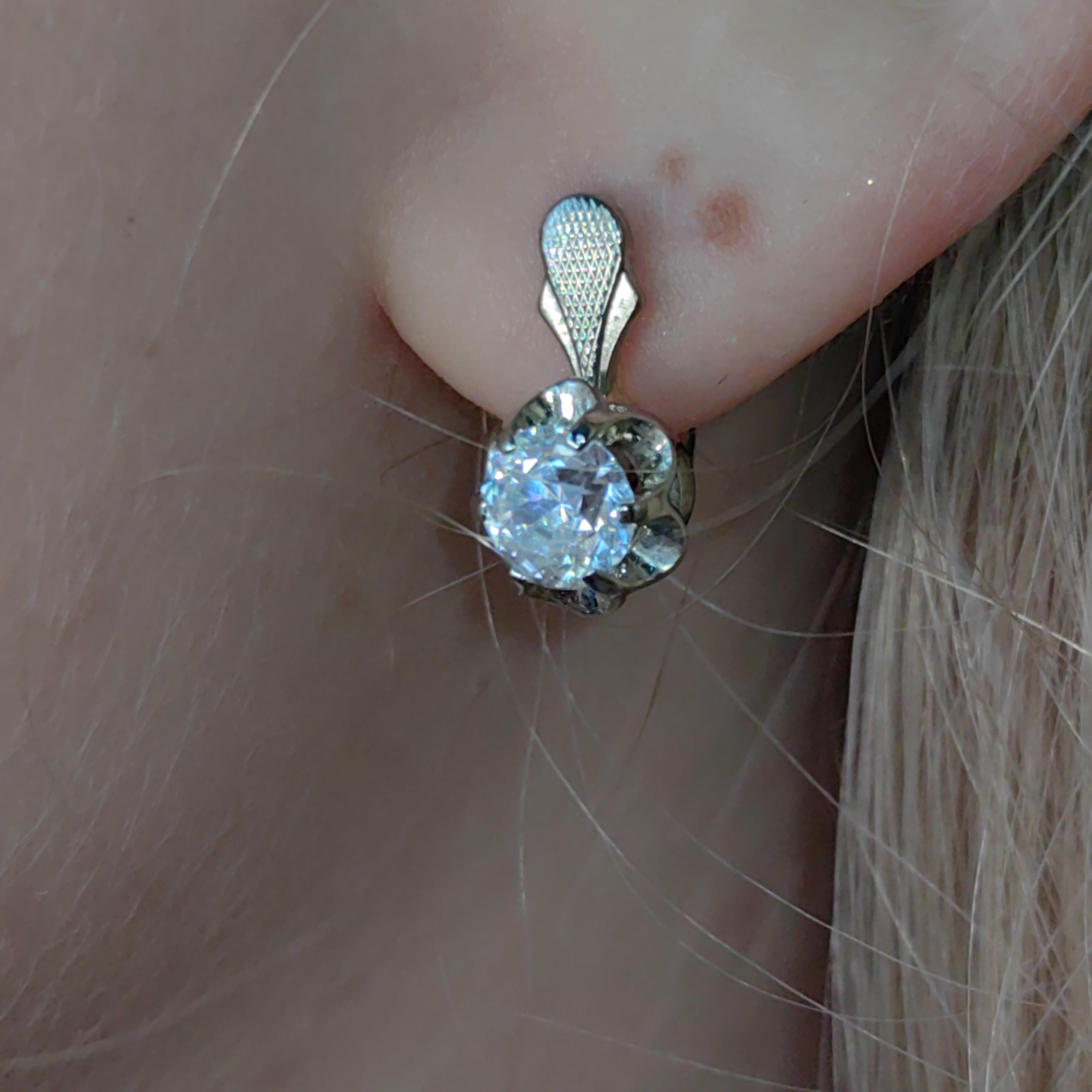 Mid century Solitaire Natural Cubic Zirconia Solid Hallmarked 14k Gold Antique Sleepers Dormouse Earrings Gift for Her