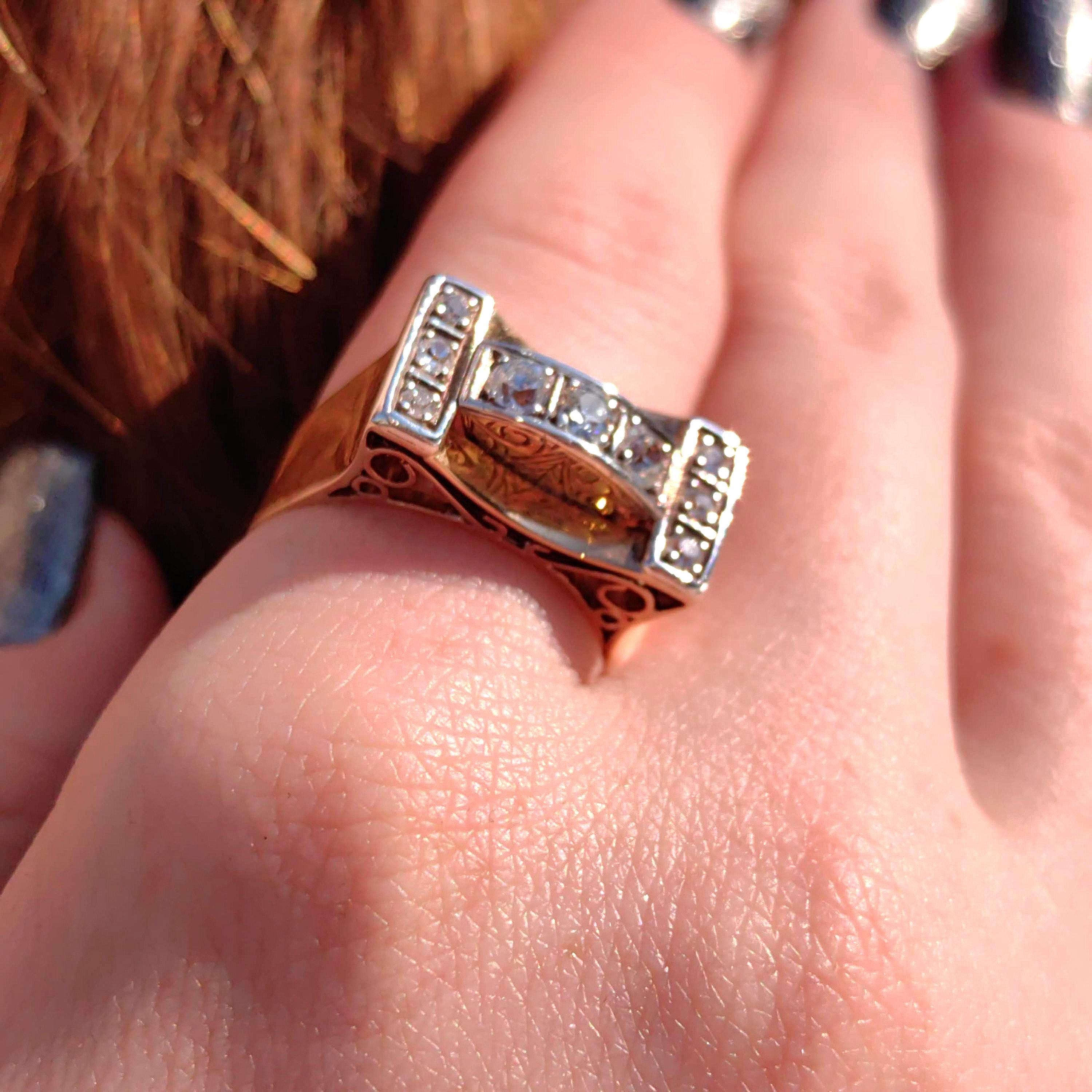 Art Deco 1920s Vintage Diamond 14k Solid Yellow Gold Unisex Chevalier Large Antique Statement Ring Gift Present