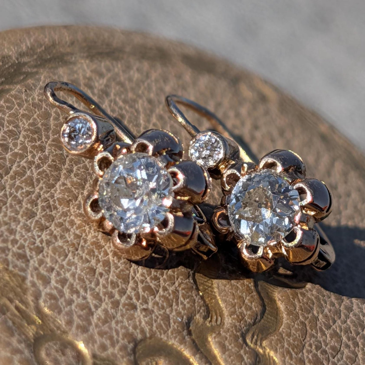 Antique Diamond Sleeper Earrings 14K Gold Hallmarked 1940s Floral Old Cut Diamond Earrings Vintage Bridal Gift for Her