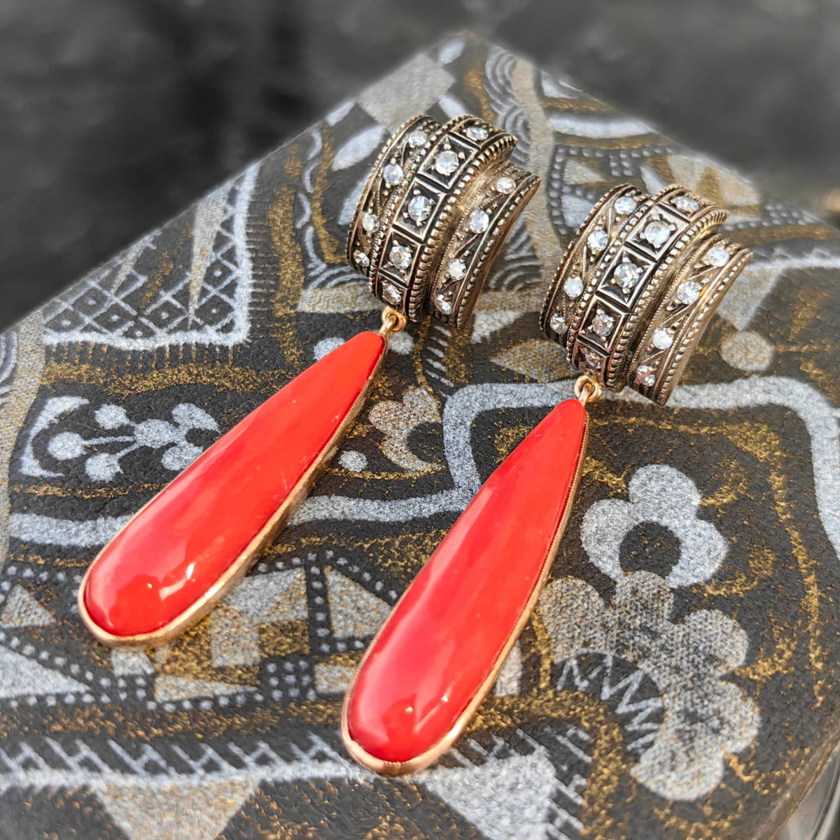 Art Deco Antique Vintage Coral and Diamond Dangle Earrings