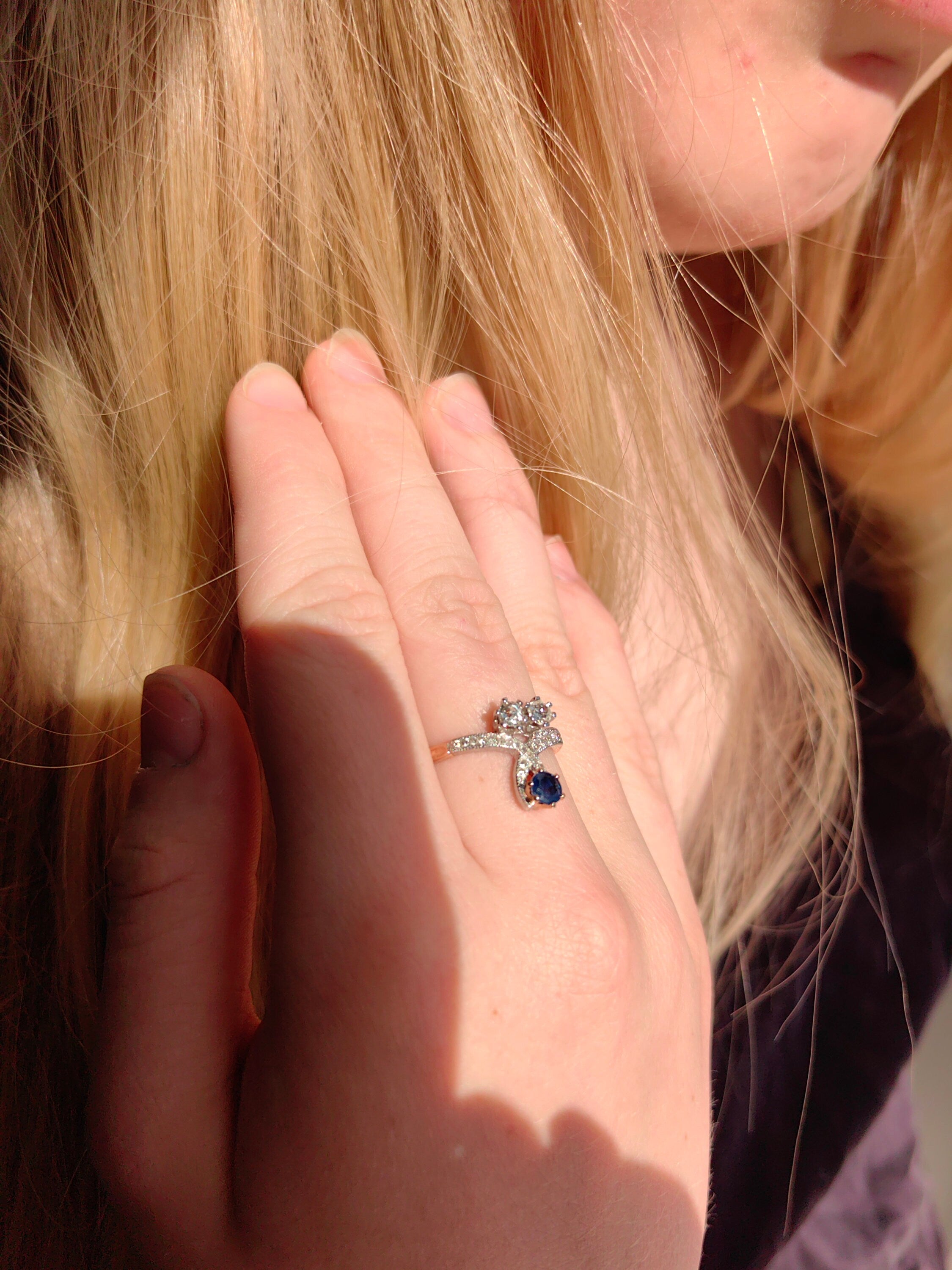 Art Nouveau Sapphire Diamond Ring: 14k Gold Floral Design