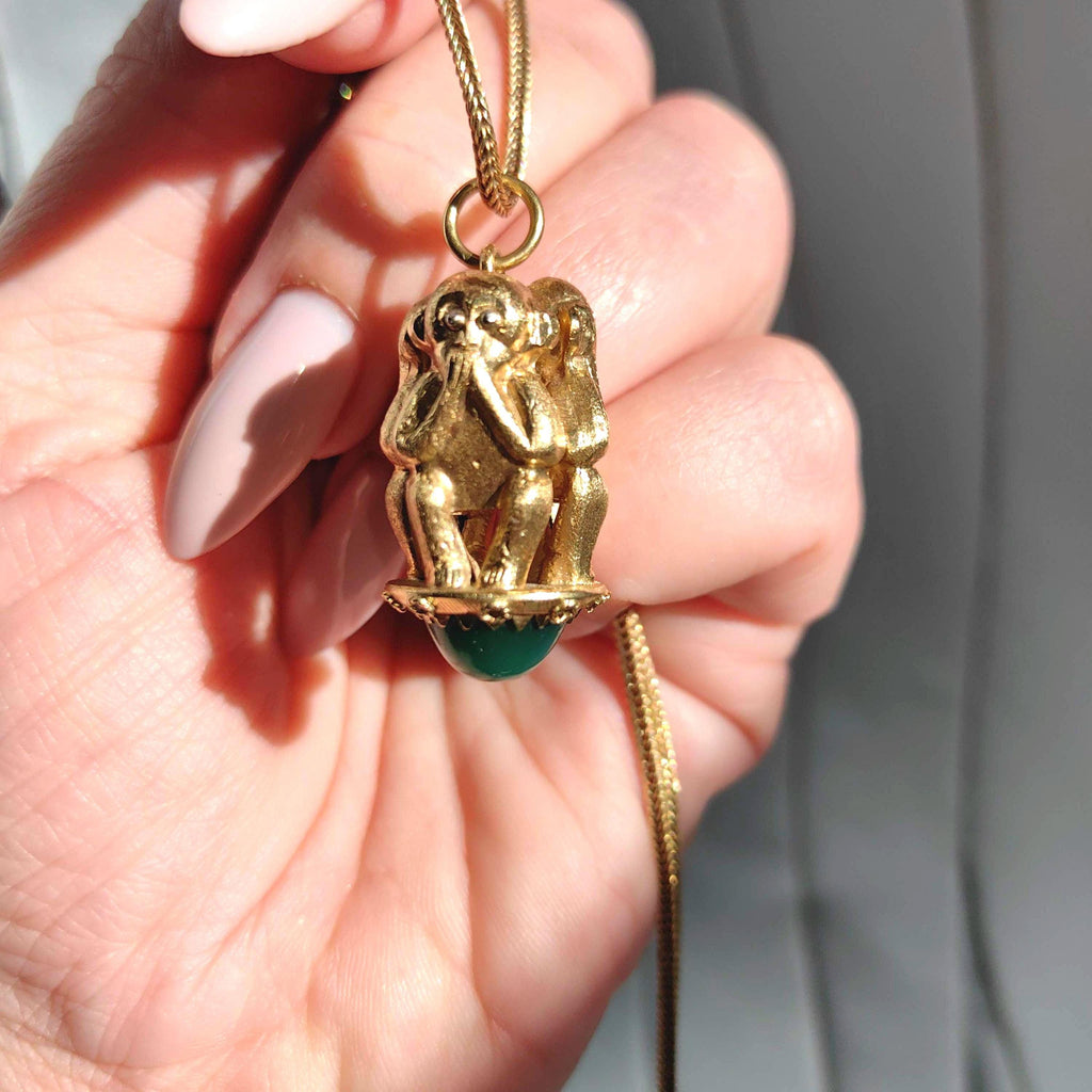 Vintage 18k Gold Three Monkey Pendant: Chrysophrase Stone Charm