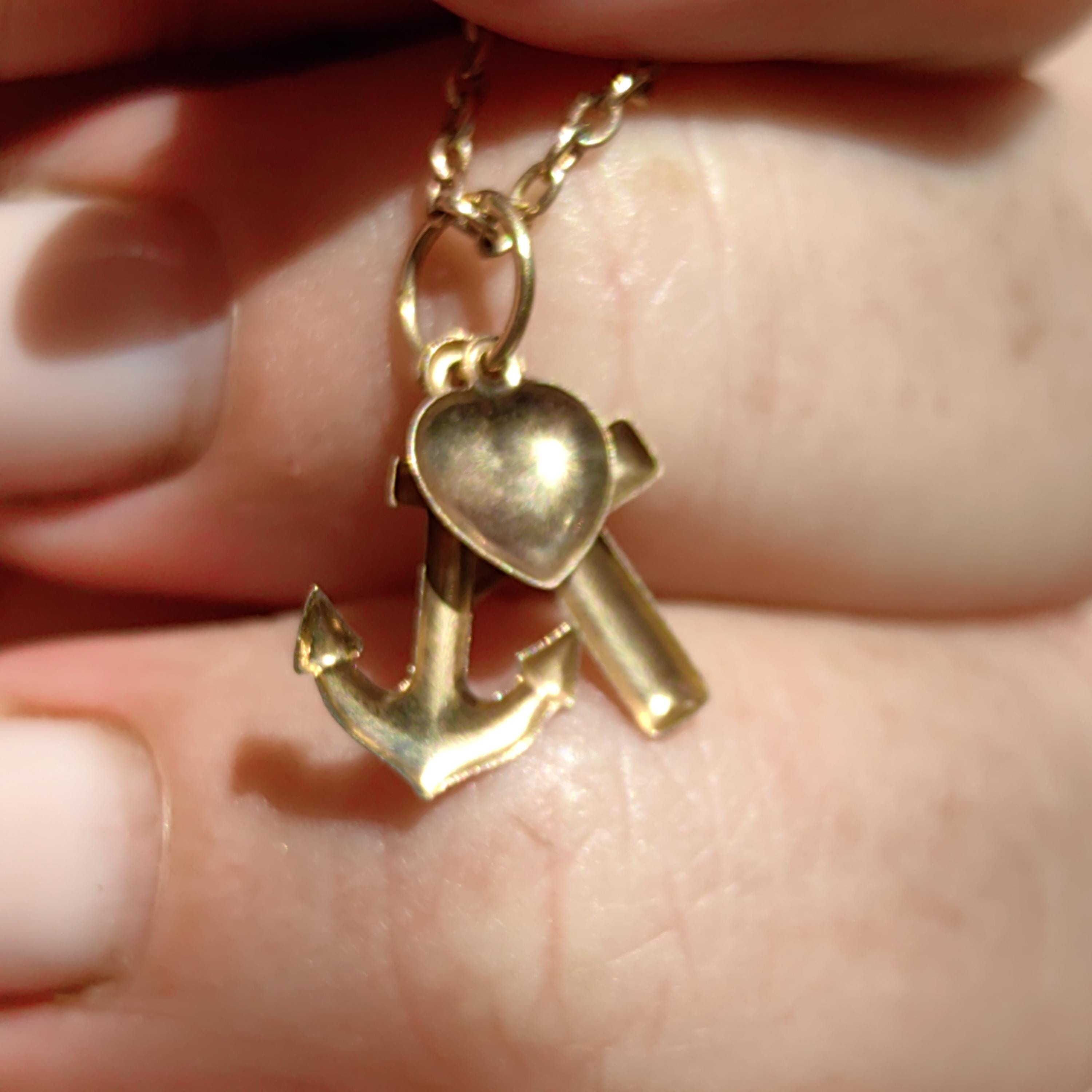 Vintage 14k Yellow Rose Champagne Gold Cross Heart Anchor Charm Pendant Art Nouveau Nautical Traveller Love Faith Christian Medal Gift