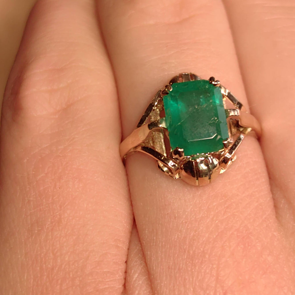 Art Nouveau 1900s Emerald Ring, Fine 14k Yellow Gold Antique Solitaire Ring, Natural Green Emerald Gift for Her, Size US 6.75 EU 54