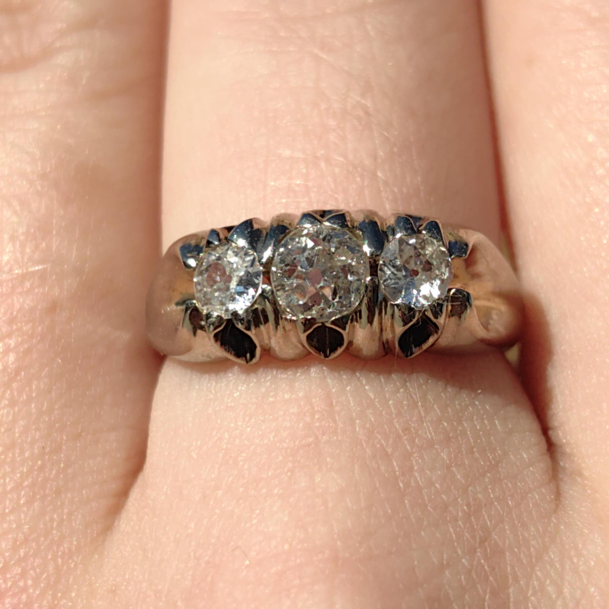 Diamond 18K Solid White Gold Vintage 1930s Art Deco Engagement Three Stone Setting Diamond Engagement Band Ring, Thick Statement Ring