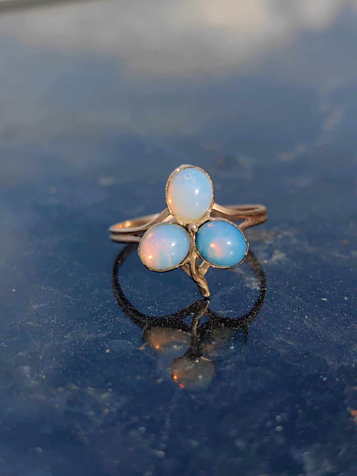 Art Nouveau Antique Opal 1900s Tref Clover Solid 14k Yellow Rose Gold Vintage Floral Flower Dainty Ring Gift for Her Girl Romantic Present.
