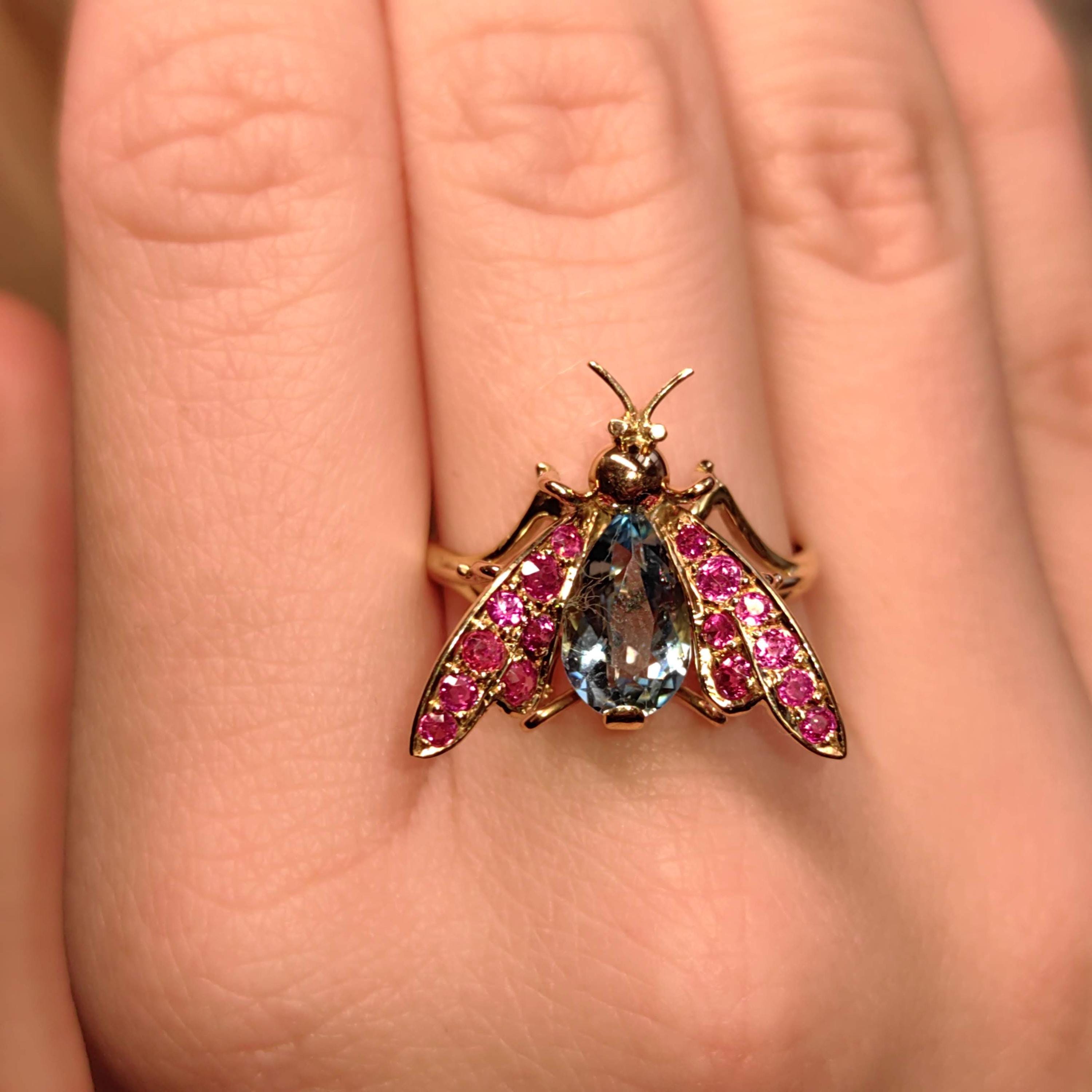 Vintage Light Blue Topaz Red  Ruby Solid 18k Yellow Gold Insect Fly Bee Statement Ring Mid Century 1950s Elegant Gift for Her  Present