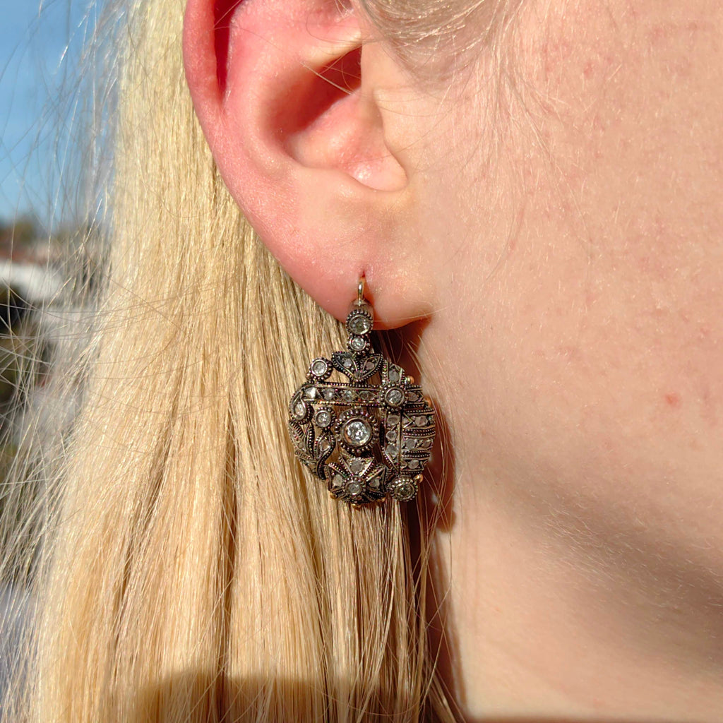 Art Deco 1920s Antique Vintage Diamond in Silver Setting Gold Statement Earrings