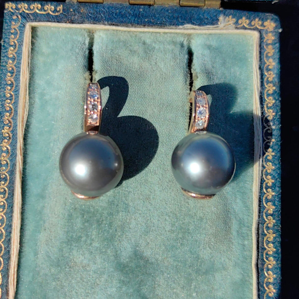 Vintage 15mmTahitian Cultured Franch Polinesia Pearl Diamond 14K Solid Gold Stud Earrings