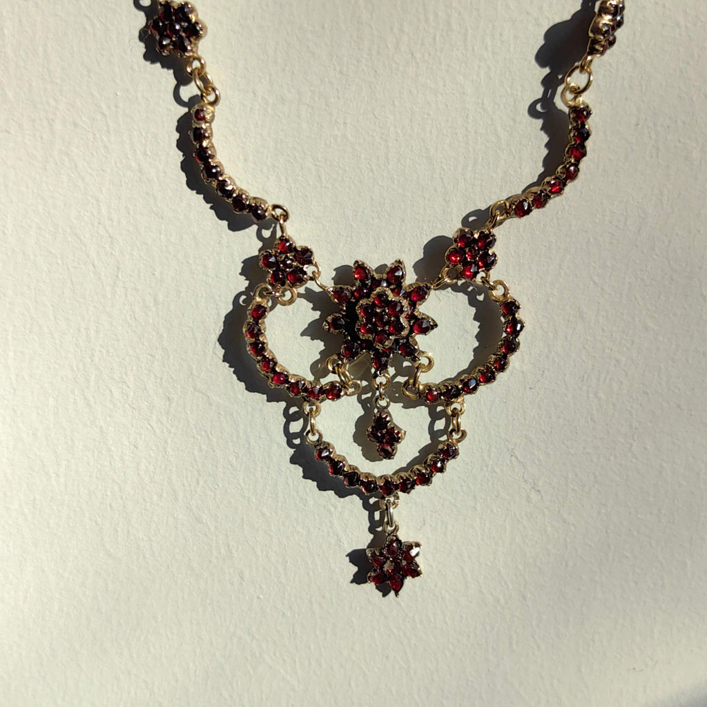 1930s Garnet Floral Necklace: Gold Plated Silver Statement Jewelry