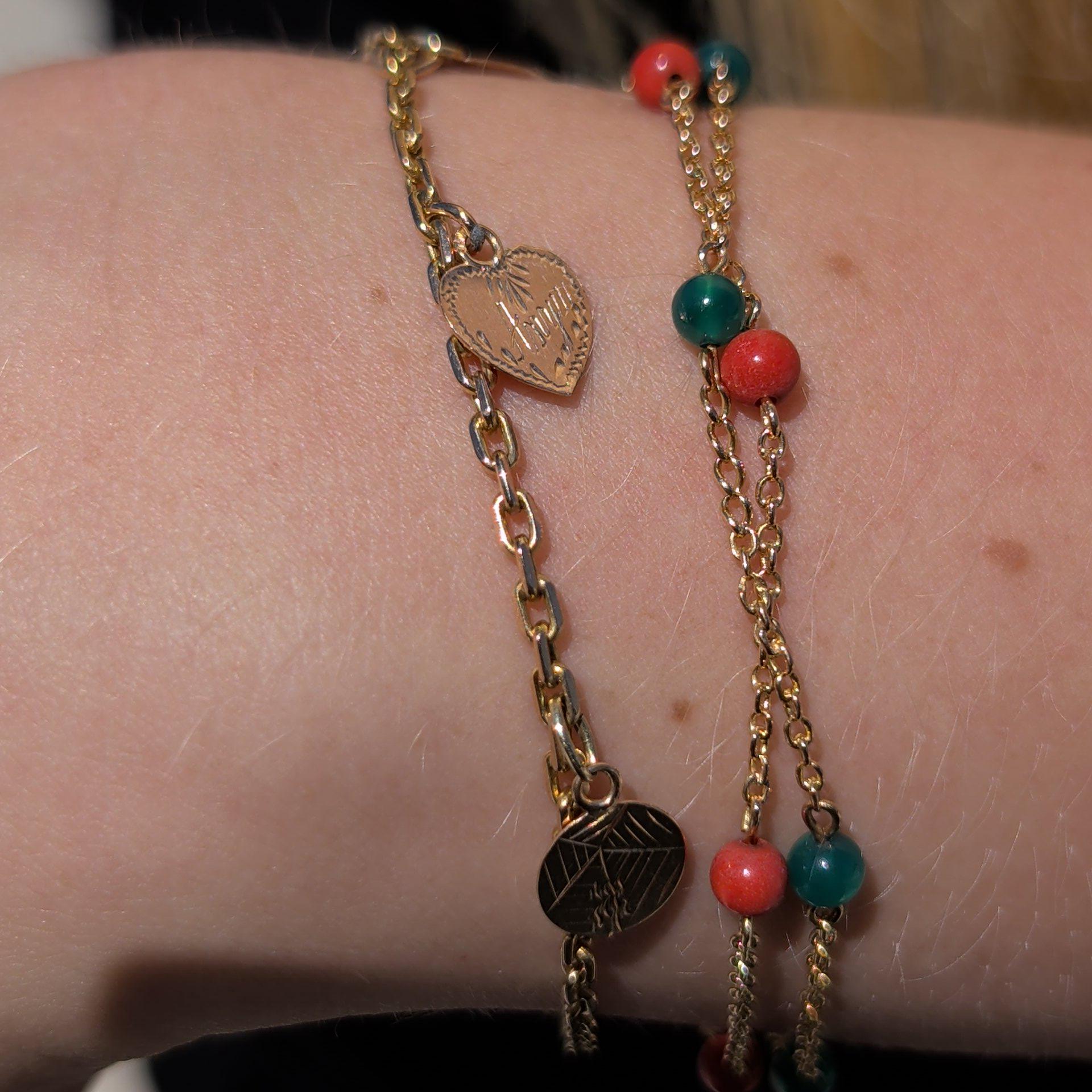 1900s Antique 18k Gold Coral Chrysoprase Beaded Chain Bracelet, 19 cm, 4mm Gemstone Beads, 3.90g Estate Jewelry Gift for Her