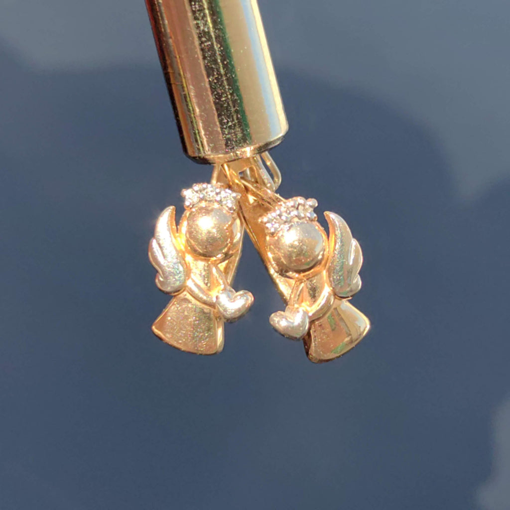 14K Yellow Gold Angel Earrings: Diamond Studs, Religious Jewelry