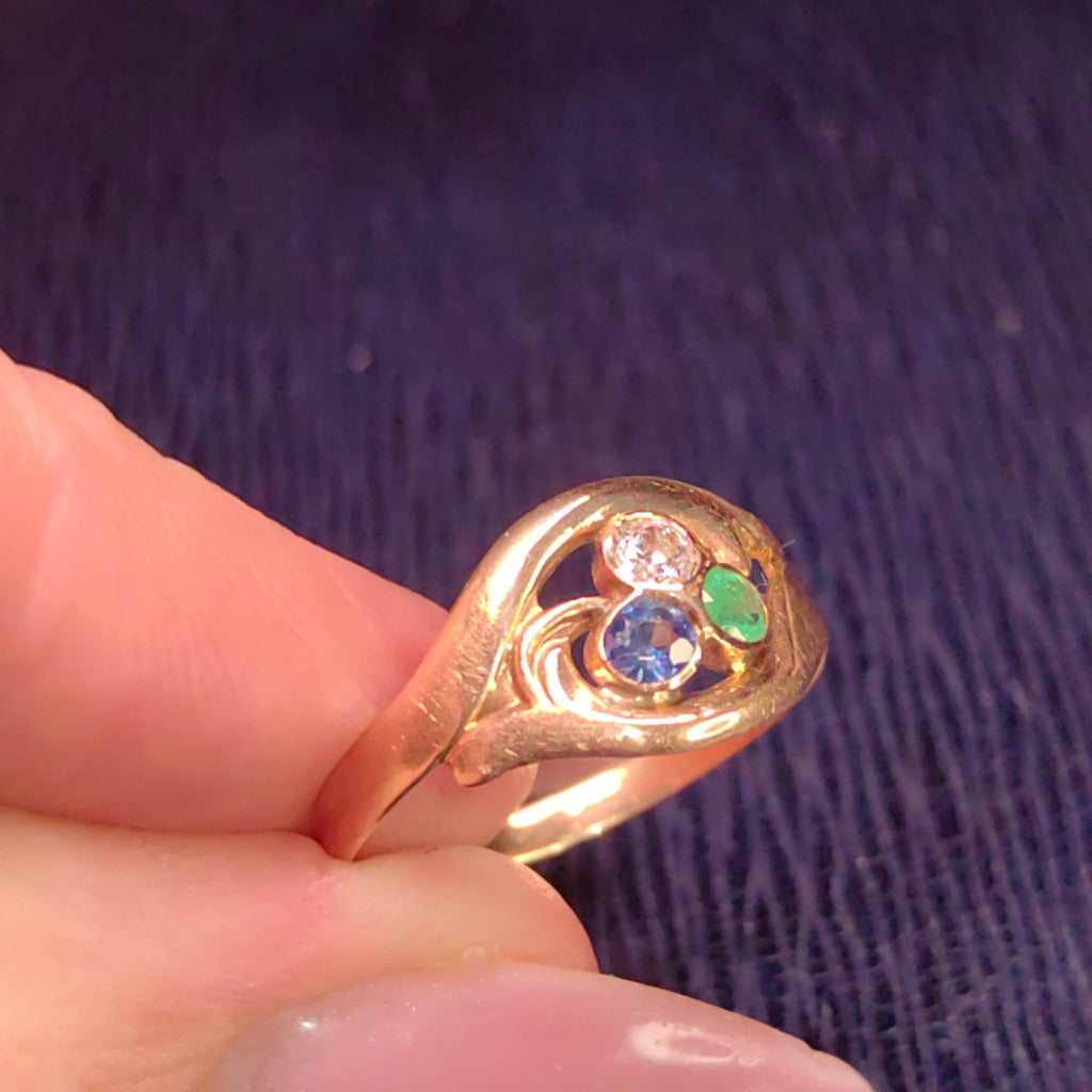 1900s Art Nouveau Natural Emerald Sapphire Diamond 14k Solid Yellow Rose Champagne Gold Vintage Antique Three Stone Elegant Engagement Ring