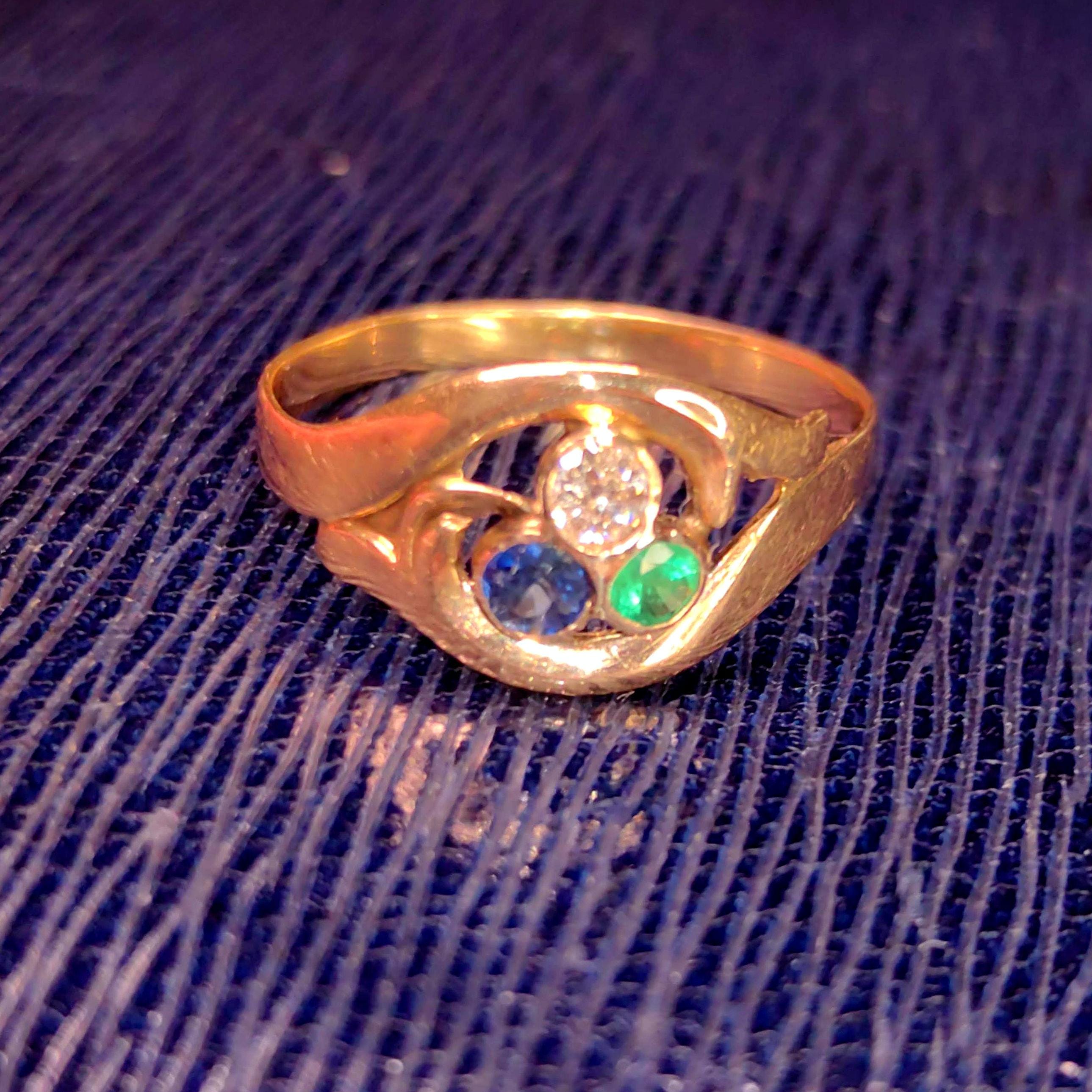 1900s Art Nouveau Natural Emerald Sapphire Diamond 14k Solid Yellow Rose Champagne Gold Vintage Antique Three Stone Elegant Engagement Ring