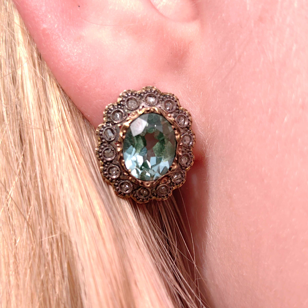 Vintage 1940s Aquamarine Diamond Earrings: 19.2k Gold & Silver Studs