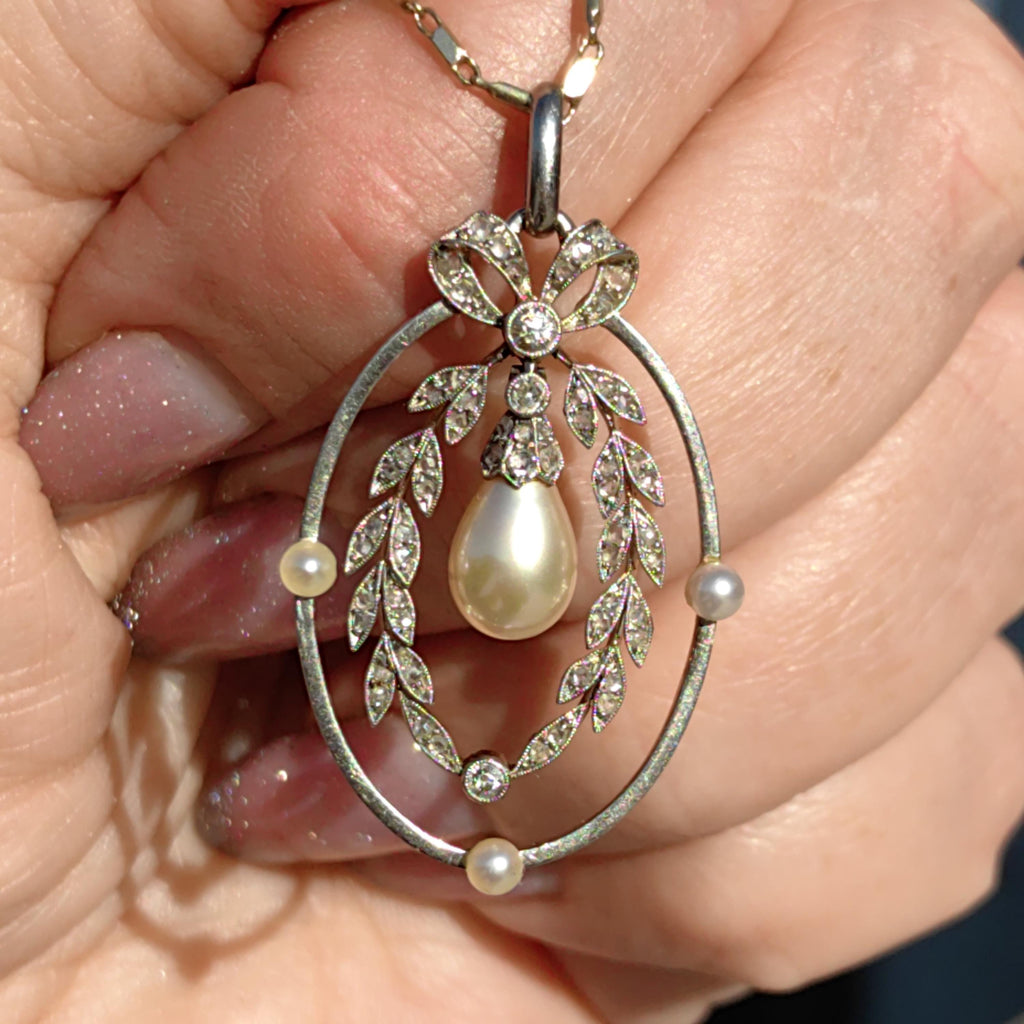 Art Nouveau Diamond Pearl Pendant: 18k Gold Platinum Edwardian Jewelry
