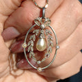 Art Nouveau Diamond Pearl Pendant: 18k Gold Platinum Edwardian Jewelry