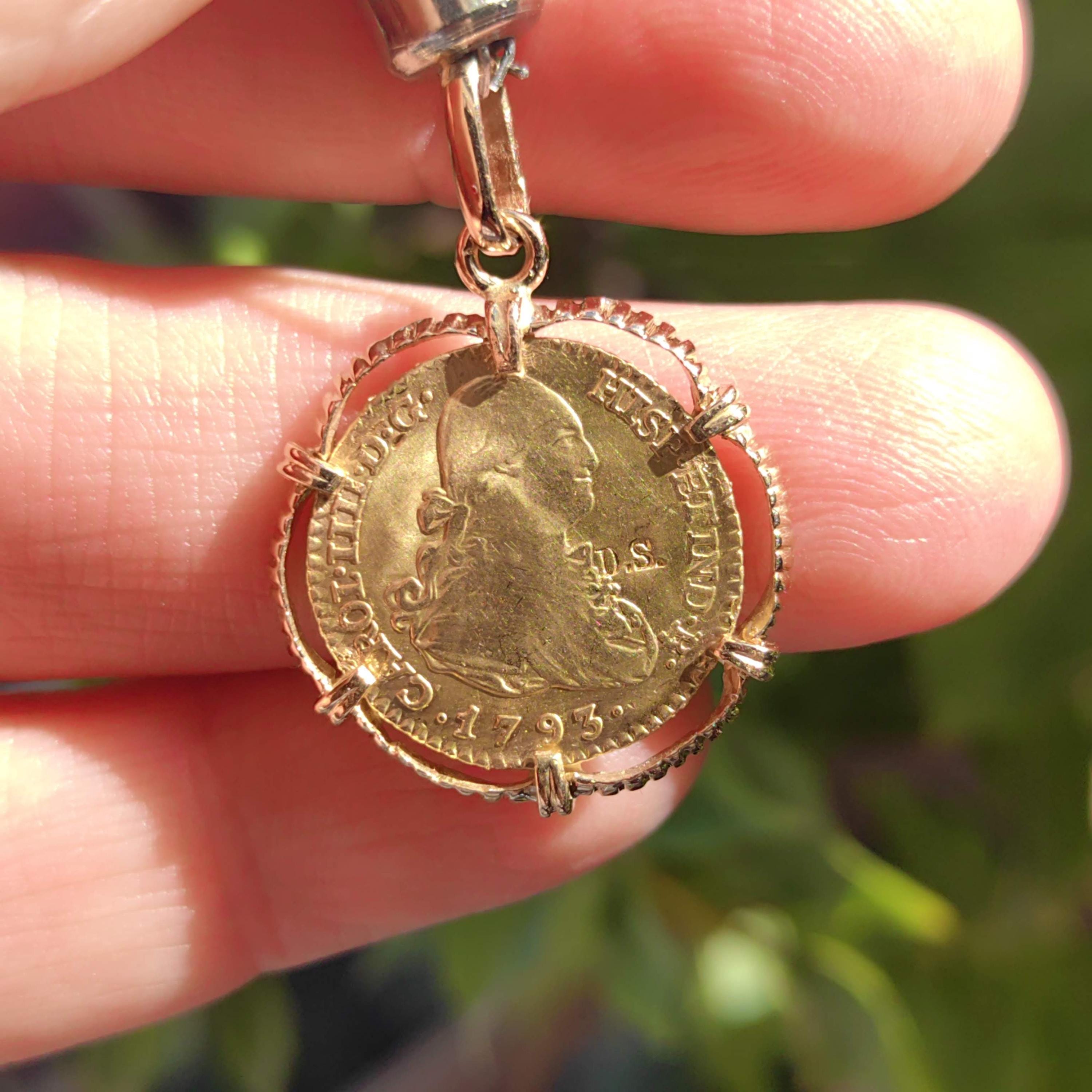 1793 Mexico 22K Gold Escudo Coin Pendant - 18K Gold Frame - King Charles IV