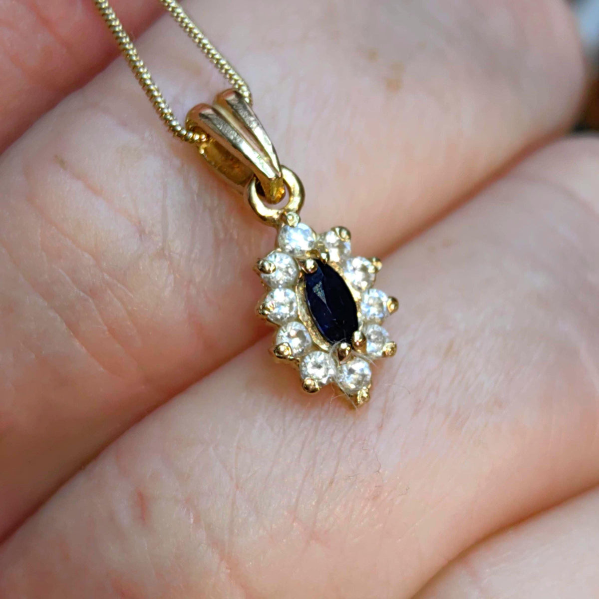 Vintage 14k Solid Yellow Gold Blue Sapphire Cluster Cubic Zirconia Necklace Pendant Bracelet Charm Gift for Her Retro Antique Pendant