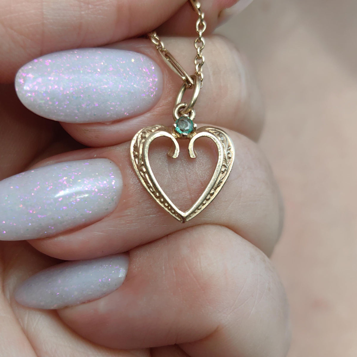 Solid 14k Yellow Gold Filigree Hand Chiseled Emerald Heart Necklace Pendant Antique Vintage Dainty Bracelet Charm Gift for Her