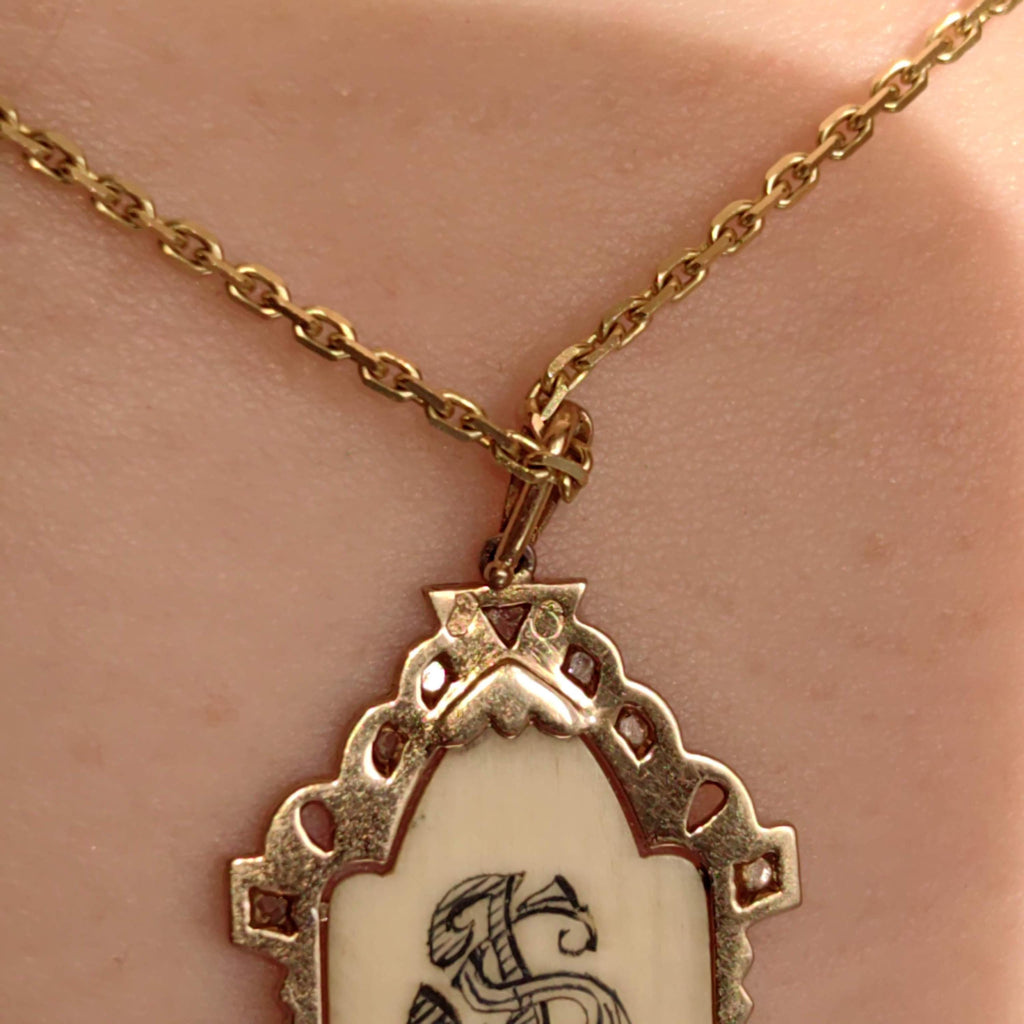 Vintage 1930s Diamond Bone Hand Carved Cameo Pendant 18k Gold & Platinum Bone Portrait Medal Antique Present