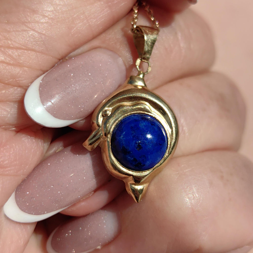 Lapis Lazuli Dolphin Pendant: 14k Yellow Gold Vintage Charm