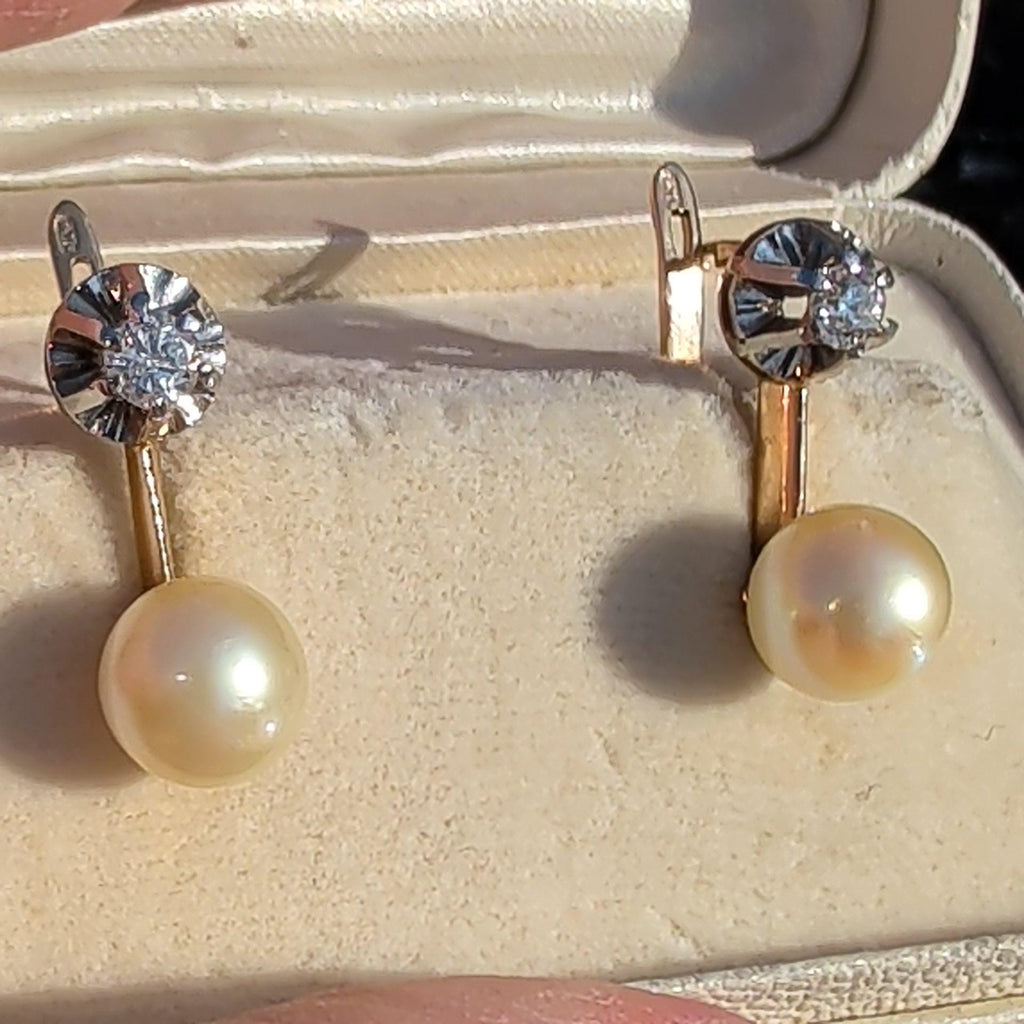 Natural Pearl and Diamond Solid 18k Solid Yellow Gold, Handmade Antique 1940s Elegant Earrings Gift for Her Present