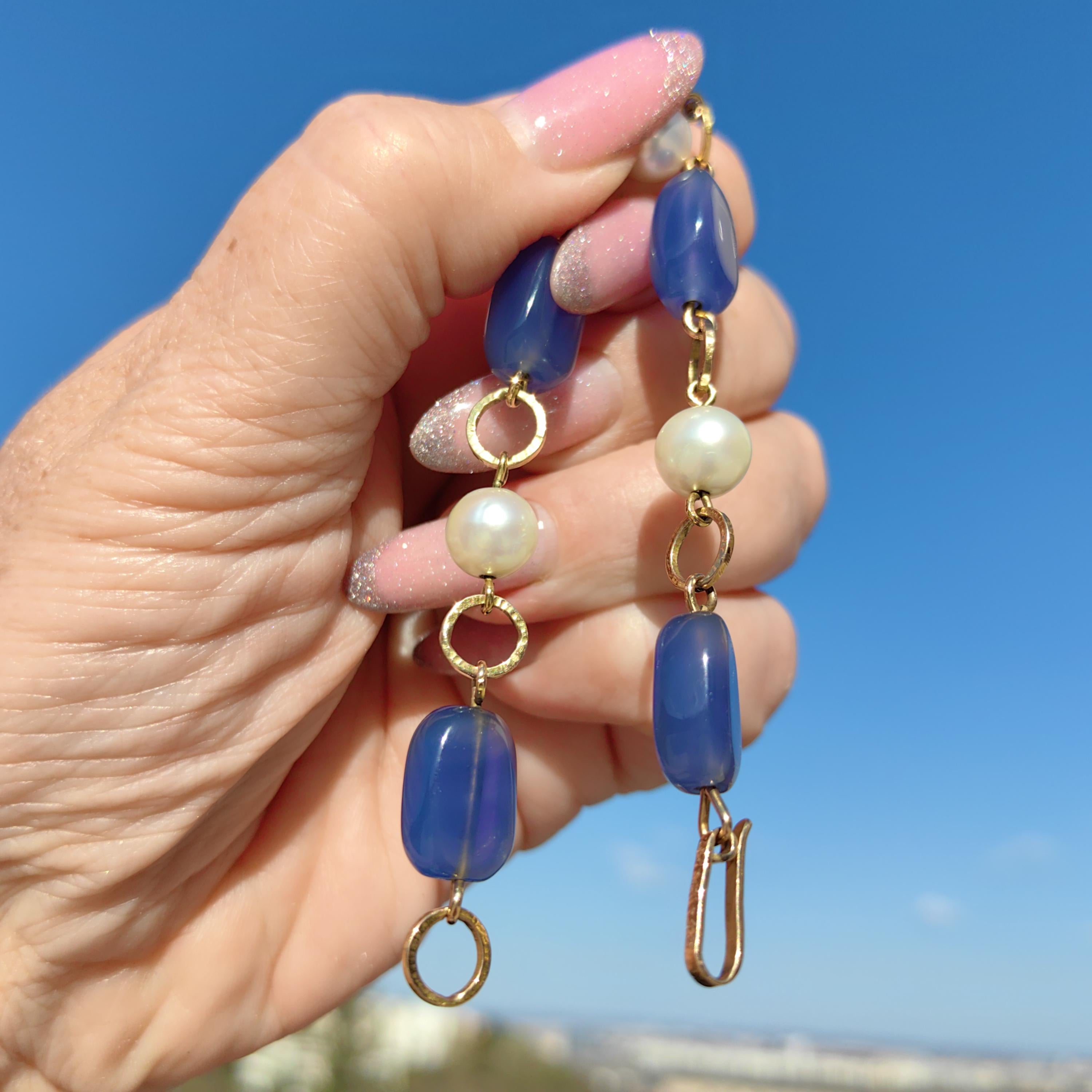 1960s Blue Chalcedony Pearl Bracelet: 18k Gold Beaded Chain