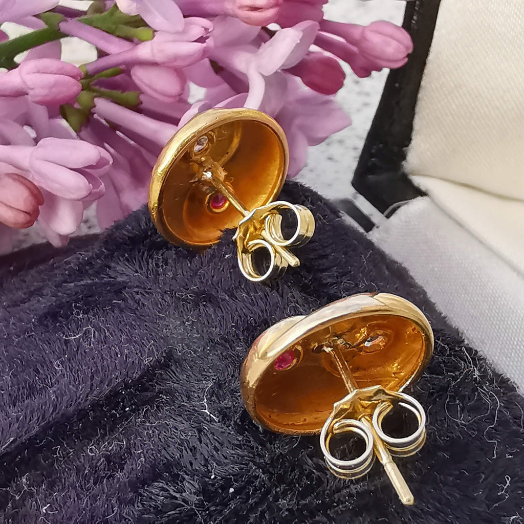 Art Deco Yin-Yang Earrings: Vintage 14k Gold Ruby Diamond Studs