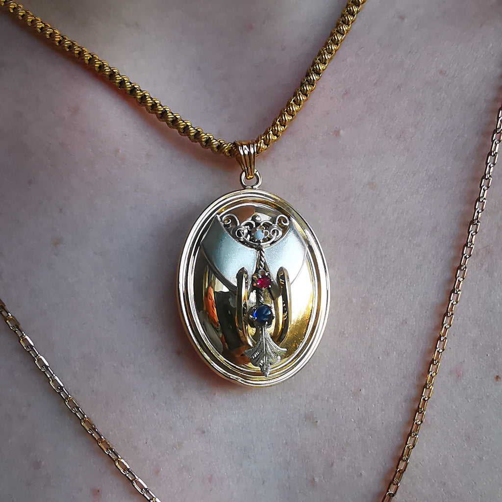 Victorian Gold Plated Silver Locket Pendant for two photos with artificial gems 1870s