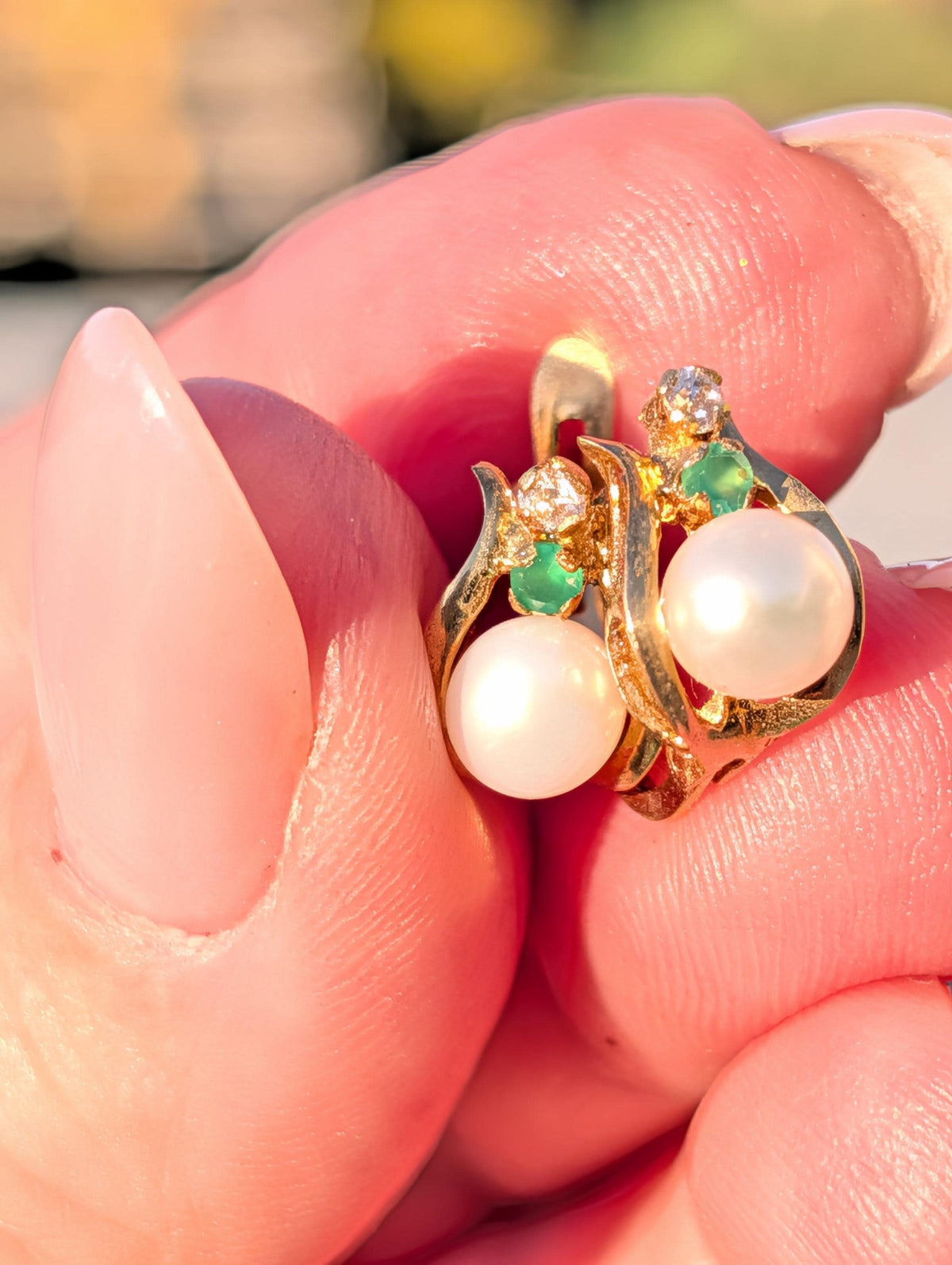 Mid Century 1950s Natural Emerald Diamond Pearl Earrings 18k Yellow Gold, Vintage Hallmarked Dangle Earrings Gift for Her