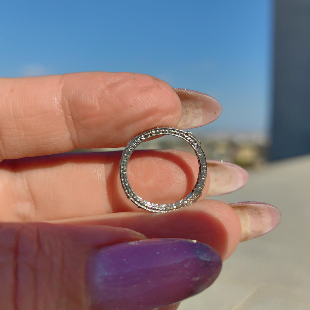 Art Deco Diamond Eternity Ring: 14K Gold Wedding Band, 1930s Floral Design
