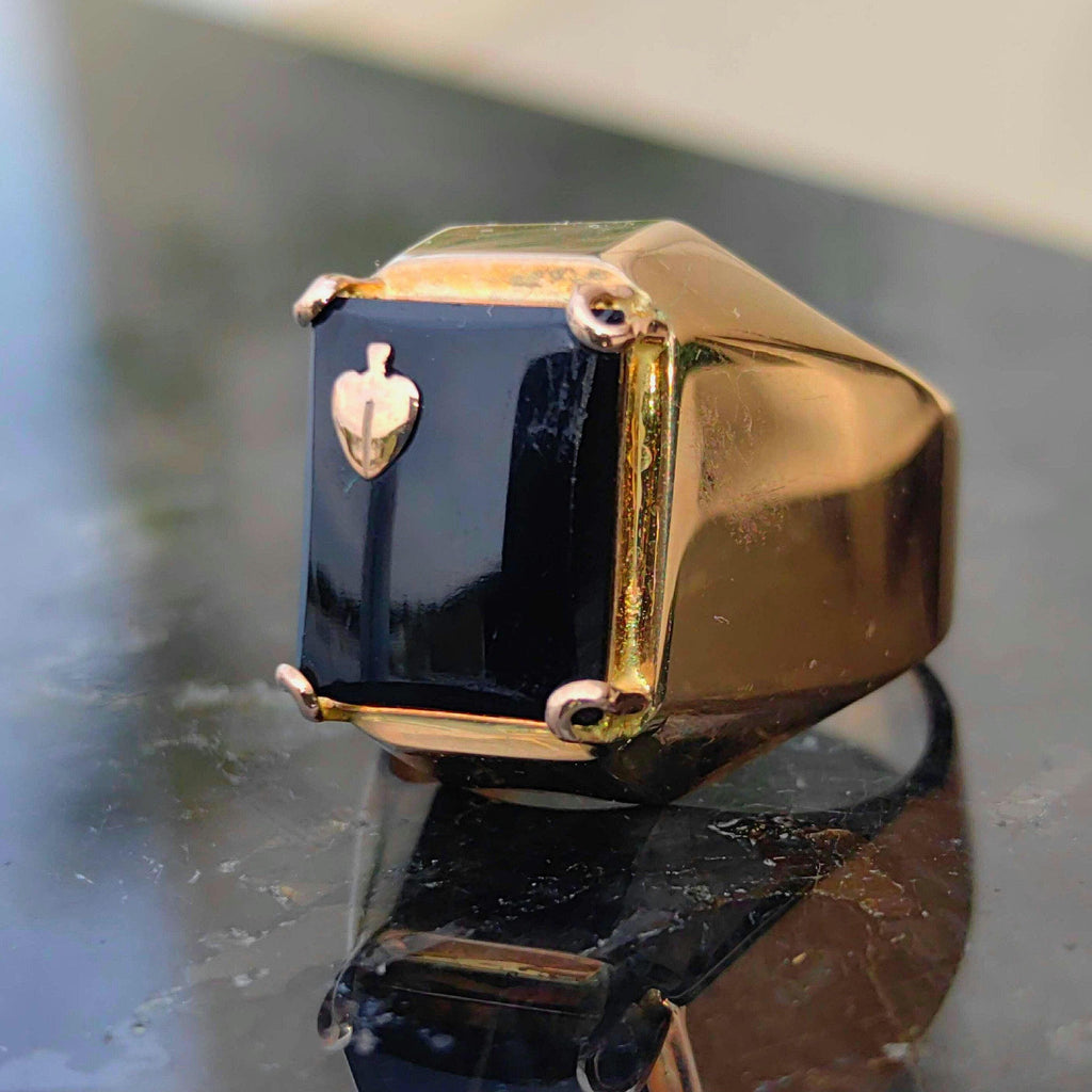 Art Deco 14k Gold Onyx Ring: Vintage Spade Statement Ring