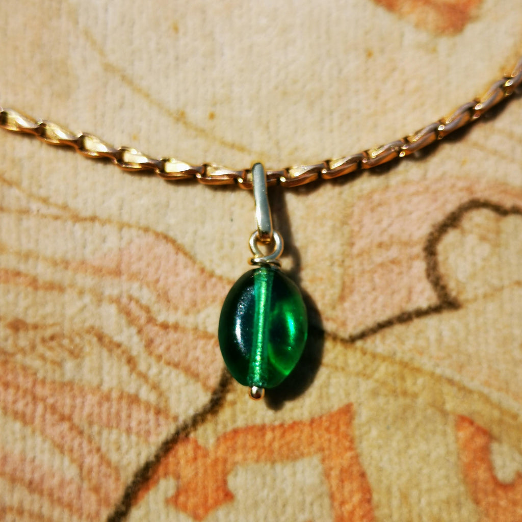 14K Solid Yellow Gold Vintage Antique Art Deco 1930s Green Paste Stone Necklace Pendant Bracelet Charm Gift for her Present Emerald