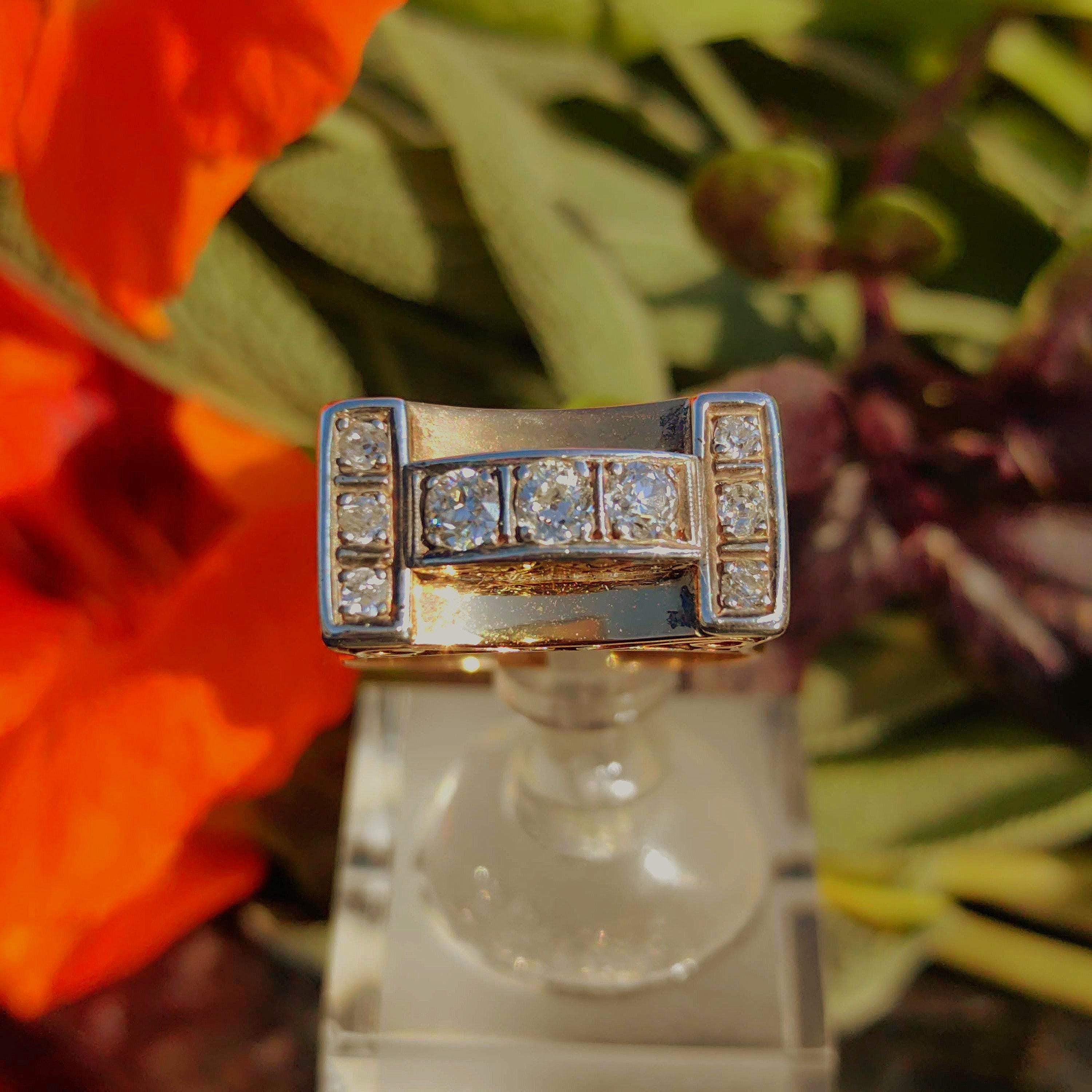 Art Deco 1920s Vintage Diamond 14k Solid Yellow Gold Unisex Chevalier Large Antique Statement Ring Gift Present